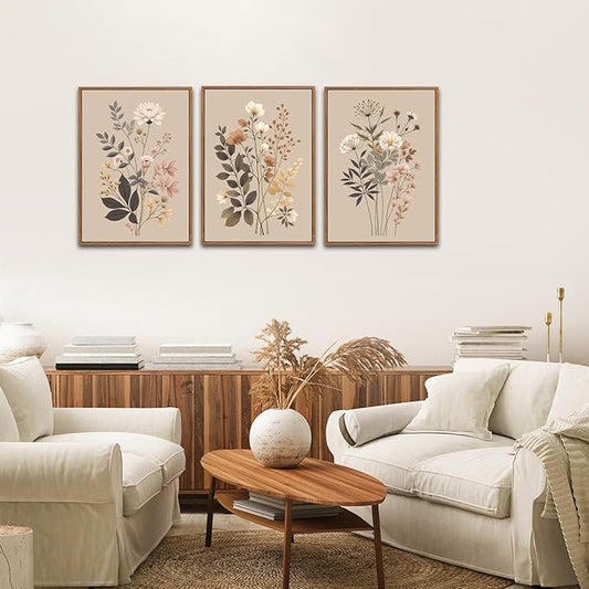 CHDITB Vintage Flower Framed Canvas Wall Art Set, Large Neutral Wildflowers Wall Decor, Farmhouse Floral Artwork Botanical Poster, Modern Art Prints for Living Room Bedroom Office Size 16"x24"