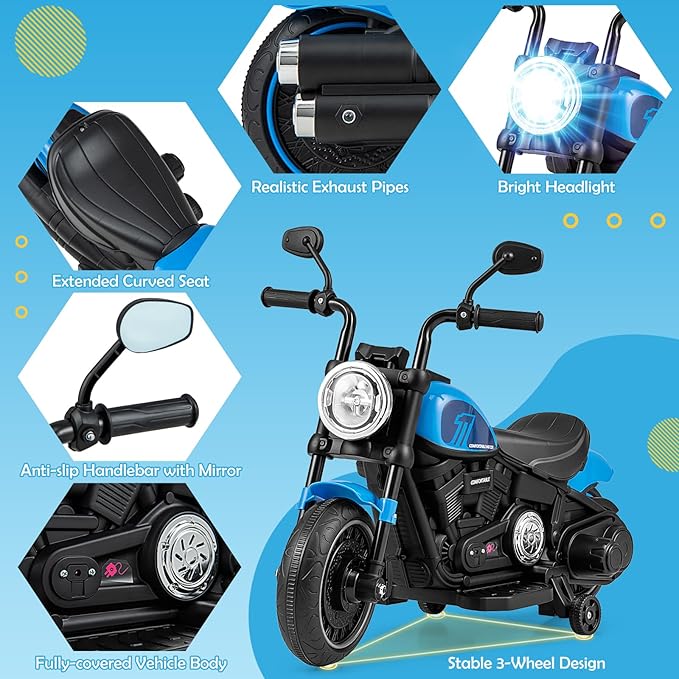 HONEY JOY Ride On Motorcycle, 6V Toddler Motorcycle with LED Light, Music, Foot Pedal, Forward/Backward, Soft Start, 3-Wheel Battery Powered Electric Motorcycle for Kids, Gift for Boys Girls (Blue)
