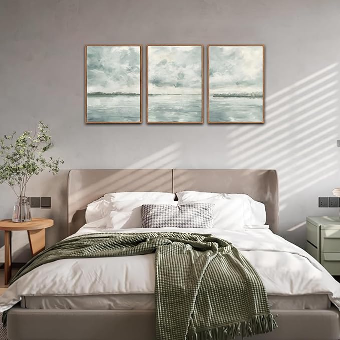 CHDITB Watercolor Sky Cloud Framed Canvas Wall Art Set, Pastel Shapes Illustrations Cloudy Wall Decor, Neutral Minimal Wall Painting, Blue Gray Ocean Art Prints For Living Room Bedroom Office Decor 16"x24"x3