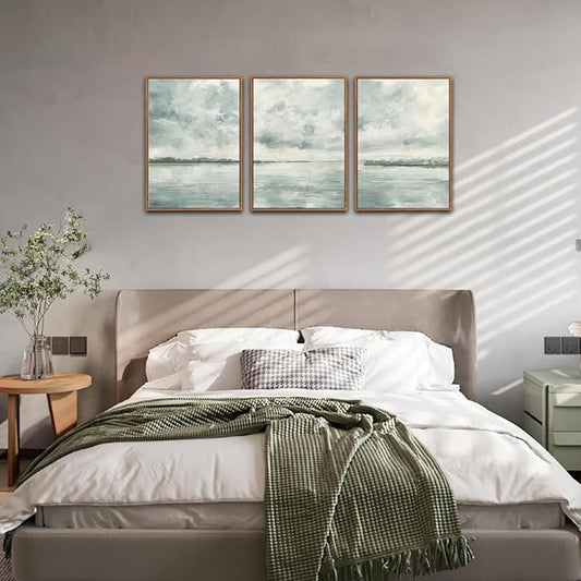 CHDITB Watercolor Sky Cloud Framed Canvas Wall Art Set, Pastel Shapes Illustrations Cloudy Wall Decor, Neutral Minimal Wall Painting, Blue Gray Ocean Art Prints For Living Room Bedroom Office Decor 16"x24"x3