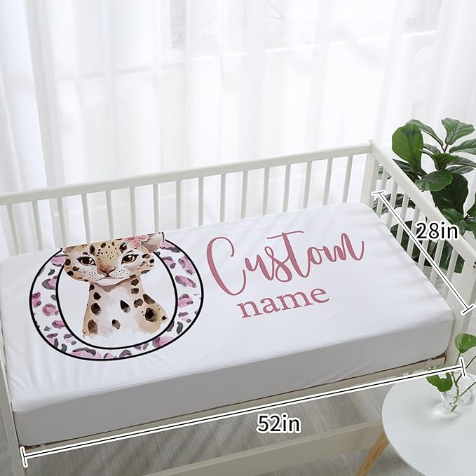 Personalized Baby Crib Bedding Set: 4 Piece Custom Pink Leopard Crib Bed Set with Name, Nursery Bedding Set for Baby Girls, Newborn Boys Crib Sets, Crib Bedding Custom Gift, Crib Sheet