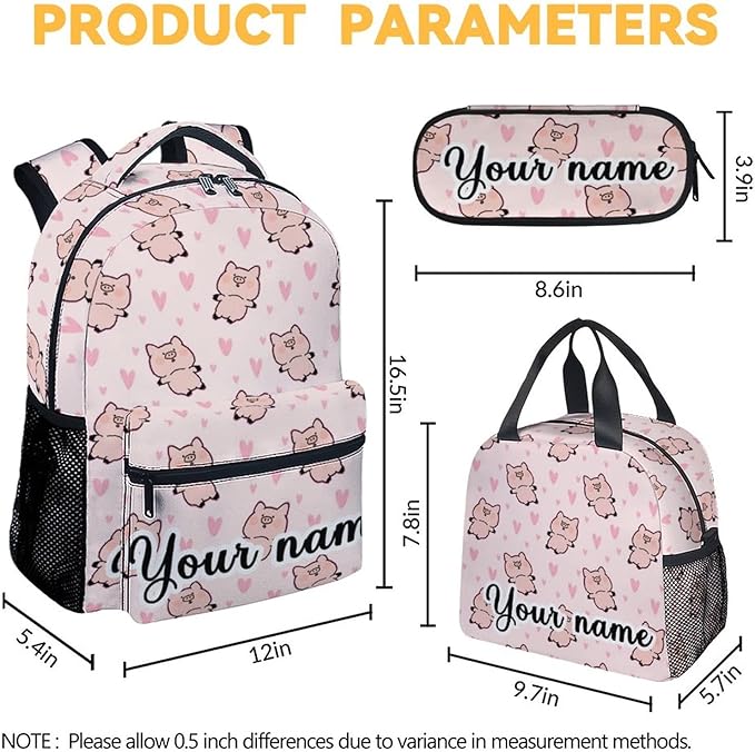 AIOMXZZ Personalized Pig Backpack with Lunch Box and Pencil Case, 16 Inch Cute Pig Bookbag Durable, Lightweight, Large Capacity, Funny Animal Backpack for School Girls Kids Women