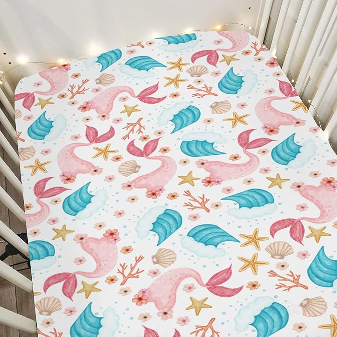 Mermaids Tails Baby Crib Sheets for Boy Girl 52x28Inch Fairytale Fish Floral Waves Starfish Conch Soft Snug Fitted Crib Mattress Cover Summer Beach Baby Sheet for Standard Crib & Toddler Bed Mattress