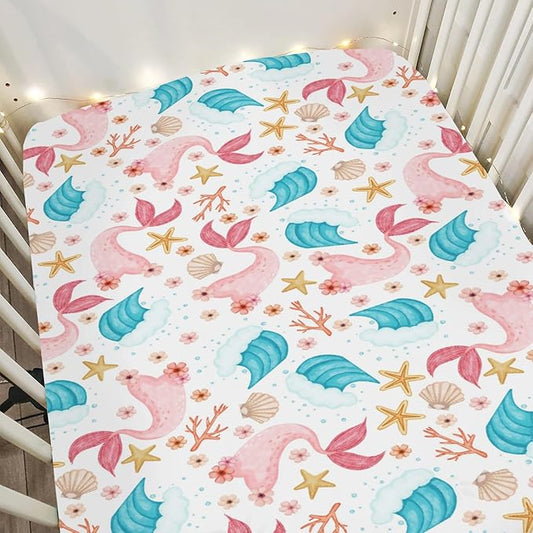 Mermaids Tails Baby Crib Sheets for Boy Girl 52x28Inch Fairytale Fish Floral Waves Starfish Conch Soft Snug Fitted Crib Mattress Cover Summer Beach Baby Sheet for Standard Crib & Toddler Bed Mattress