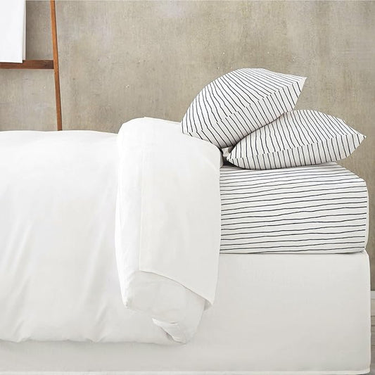 MakeMake Organics Organic Full Fitted Sheet Set GOTS Certified Organic Cotton Fitted Sheet with Pillowcase Ultra Soft Non Toxic Breathable Hypoallergenic Blue Stripes Neutral (Full, Stripes Navy)