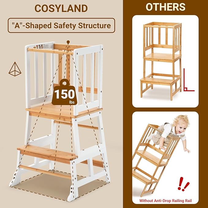 COSYLAND Kids Kitchen Step Stool Helper - Wooden Standing Tower for Kids with Anti-Tip Support Legs (White & Natural)