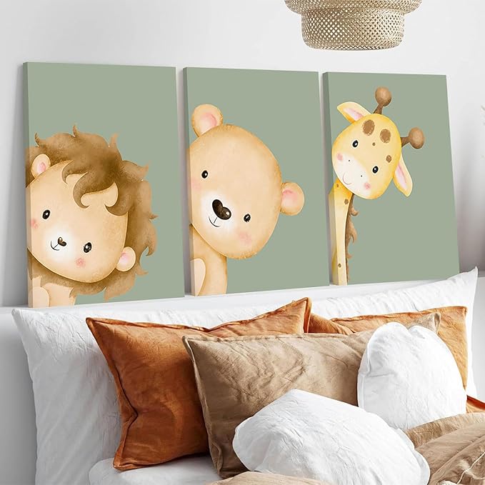 Ekiyuse Nursery Animal Wall Art Safari Animal Neutral Jungle Paintings Pictures Wall Decor Framed Boho Giraffe Lion And Teddy Bear Poster Printing Artwork for Kids Room Boys And Girls Home Decoration