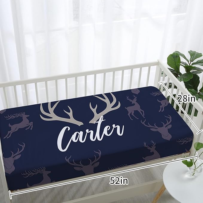 Personalized Baby Crib Bedding Set: 4 Piece Custom Gift Crib Bed Set with Name - Navy Deer Design, Nursery Bedding Set for Baby Girls,Newborn Boys Girls Crib Sets, Crib Bedding Shower Gifts