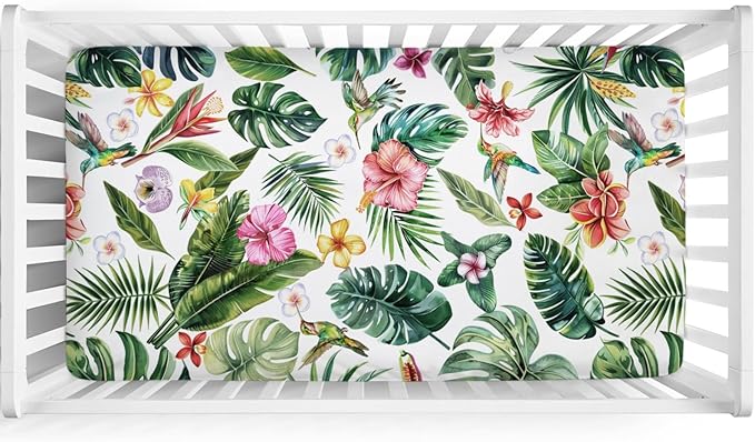 Green Tropical Leaves Floral Hummingbirds Baby Crib Sheets 52''x28'' Rainforest Monstera Leaves Snug Fitted Crib Mattress Covers for Boy Girl Soft Nursery Bed Sheet for Standard Crib Toddler Mattress