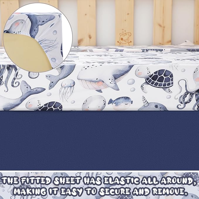 3 Pcs Baby Crib Bedding Set Under The Sea Ocean Nursery Nautical Crib Set Includes Ocean Quilt, Fitted Sheet, Skirt for Baby Boy Girl(Blue)