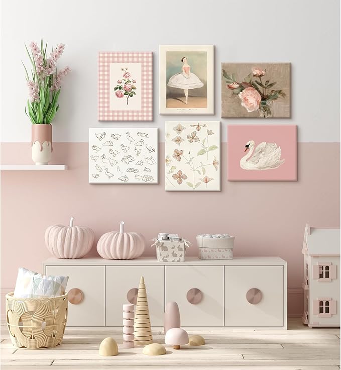 Nursery Pink Wall Art Decor Baby Girl Room Prints Vintage Nursery Floral Canvas Wall Decor Preppy Room Pictures Pink Swan Flower Paintings Artwork for Girls Bedroom 12x16 Inch Wrapped Canvas Set of 6