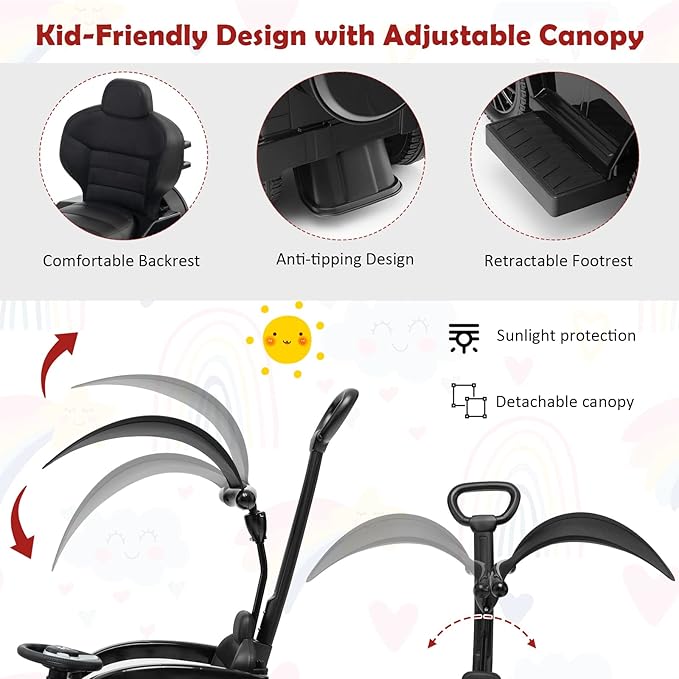 Costzon Push Car for Toddlers, 3 in 1 Mercedes Benz Stroller Sliding Walking Car w/Canopy, Handle, Armrest Guardrail, Underneath Storage, Horn Sound, Foot-to-Floor Ride On Toy for Boys Girls (Black)