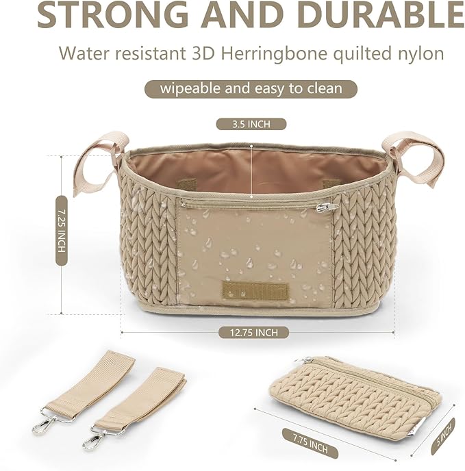 LUKJOJO Stroller Organizer - Stylish 3D Herringbone Quilting Nylon, Universal Fit, Detachable Bag, Adjustable Multi-Storage for Baby Essentials