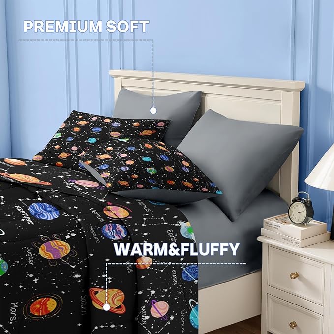 Nesker 4 Pcs Comforter Set Toddler Size, Cute Space Galaxy Bedding for Kids Teen, Planets Moon Stars Bed Sheet with Pillowcase & Sham