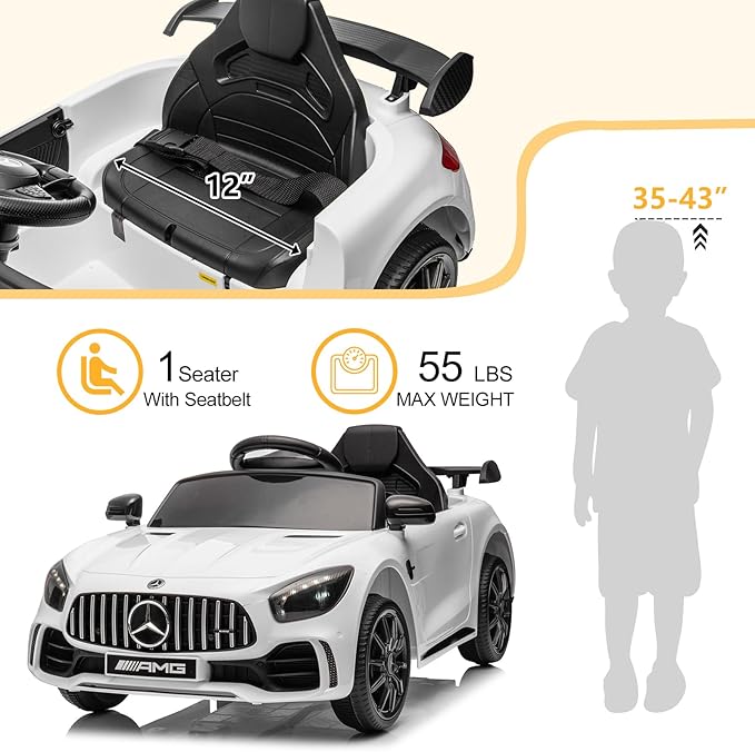 Winado 12V Ride on Car, Licensed Mercedes Benz AMG GTR Battery Powered Electric Vehicle, w/Parent Remote, Wider Seat, LED Lights, Openable Doors, MP3 Player, Smooth Start, 3 Speeds - White