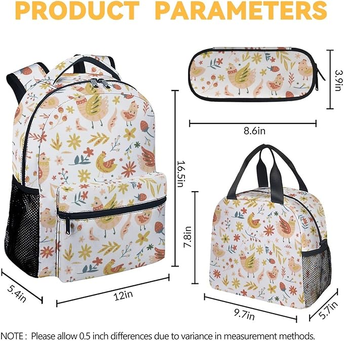 COOPASIA Chicken Backpack with Lunch Box and Pencil Case, 16 Inch Chicken Theme Bookbag with Adjustable Straps, Durable, Lightweight, Large Capacity, School Backpack for Girls Women