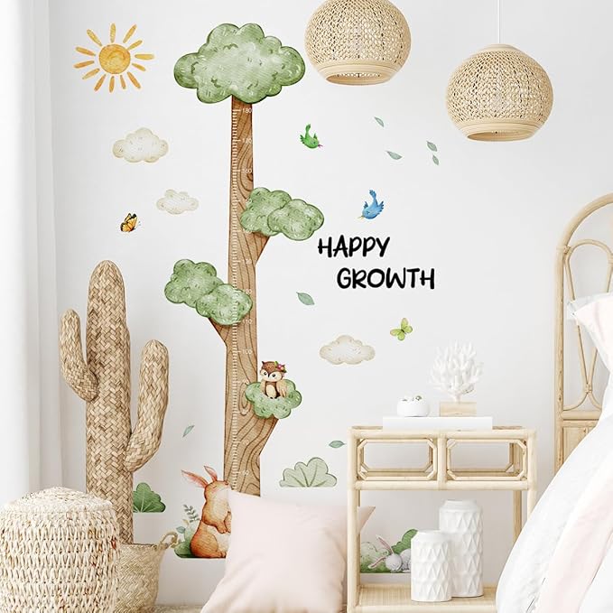 DRWSSR 3D Cartoon Height Growth Chart for Kids Wall Stickers Removable DIY Jungle Animals and Plants Height Sticker Peel and Stick Sun White Clouds Wall Art Decor for Nursery Kids Bedroom Living Room