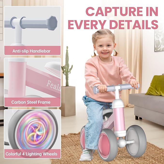 Baby Balance Bike for 1 Year Old Boys Girls, Toddler First Bike with 4 Colorful Lighting Wheels | 12-24 Month Toddler Balance Bike | First Birthday Gifts (Baby Pink)
