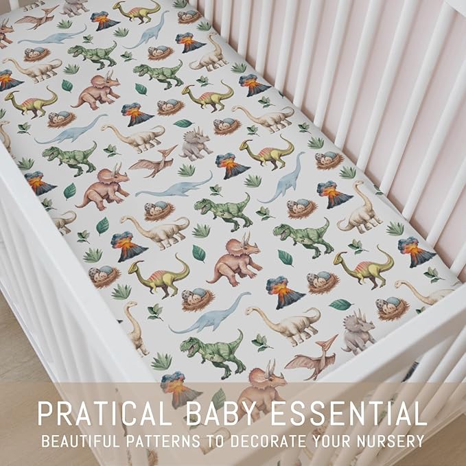Watercolor Dinosaurs Baby Crib Sheets for Boy Girl Dino Eggs Leaves Volcano Adventure Soft Snug Fitted Crib Mattress Covers Fit 52''x28'' Standard Crib & Toddler Mattress Jungle Animal Bed Sheets