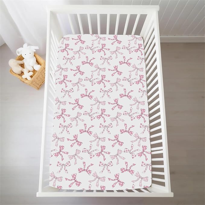 Pink Dot Bows Baby Crib Sheets for Girls Sweet Girly Bows Soft Stretchy Fitted Crib Mattress Covers for 52''x28'' Standard Crib & Toddler Bed Mattress Cute Pastel Ribbon Valentine Baby Sheets