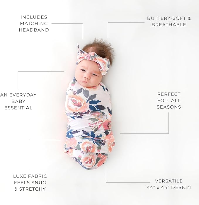 Posh Peanut Swaddle Blanket & Headband Set – Viscose from Bamboo Stretchy Baby Swaddle for Newborn Girls, Receiving Blanket or Nursing Cover