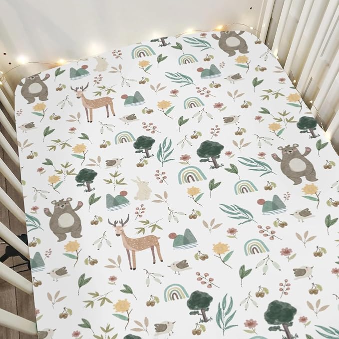 Boho Spring Animal Baby Crib Sheets for Boy Girl 52x28Inch Bear Deer Bunny Bird Rainbow Trees Mountain Soft Snug Fitted Crib Mattress Cover Animals Baby Sheet for Standard Crib & Toddler Mattress