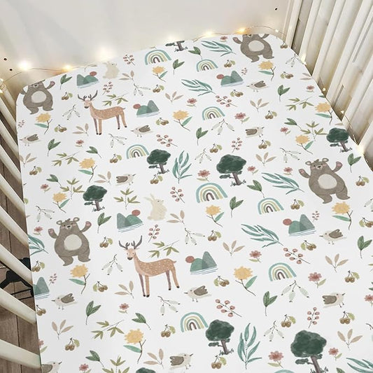 Boho Spring Animal Baby Crib Sheets for Boy Girl 52x28Inch Bear Deer Bunny Bird Rainbow Trees Mountain Soft Snug Fitted Crib Mattress Cover Animals Baby Sheet for Standard Crib & Toddler Mattress