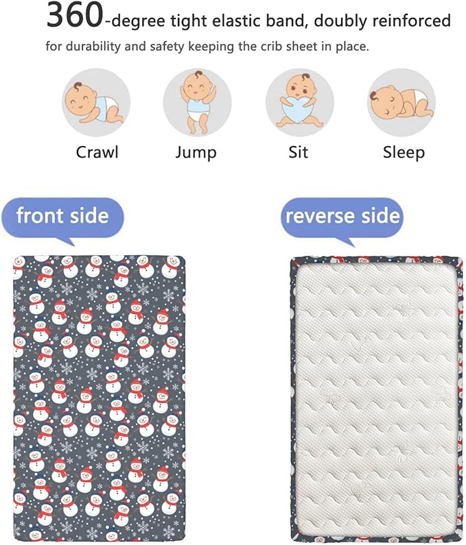 Christmas Theme Fitted Crib Sheet,Winter Snow Snowman Snowflakes Pattern,Portable Mini Crib Sheets Soft and Stretchy Fitted Crib Sheet - Great for Boy or Girl Room or Nursery,24“ x38“,Multicolor