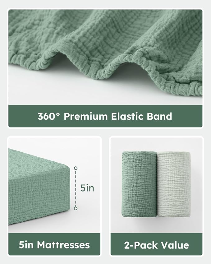 Muslin Pack and Play Sheets Fitted, 100% Cotton Mini Crib Sheets 2 Pack for Pack N Play Mattress, Stretchy Playard Sheet, Soft and Breathable Gradient Green