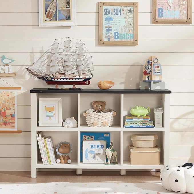 Joaxswe Farmhouse 6 Cube Bookshelf, Antique White & Black Wooden Storage Organizer Book Shelf, 47" Cubby Hallway Bookcase, Kids Toy Storage Cabinet, Modern Open Book Case for Living Room, Playroom