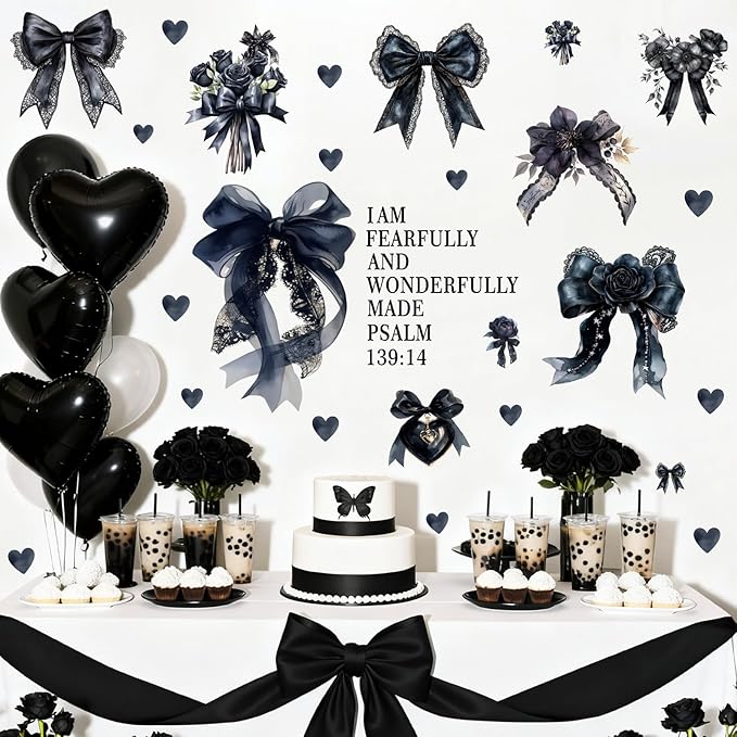 Black Bow Wall Stickers Watercolor Inspirational Bowtie Art Decor for Girls Bedroom Bows Bridal Shower Party Decals for Backdrop Peel and Stick Coquette Bible Art Vinyl Decal for Kids Baby Bedroom
