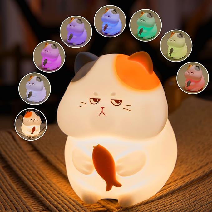 FAMIDUO Greedy Cat Night Light for Kids,3 LevelsDimmable Cute Kitty Nursery Nightlight with Touch ColorChange, Squishy Silicone Rechargeable Bedside Lampfor BabyPregnant Mom/Elderly/Adults