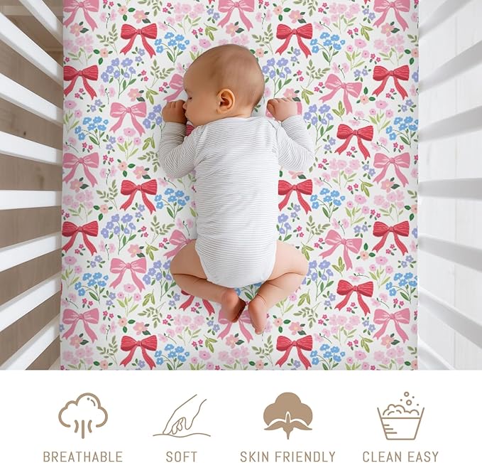 Preppy Pastel Floral Bows Baby Crib Sheets Pink Girly Floral Bows Soft Snug Fitted Crib Mattress Covers for 52''x28'' Standard Crib & Toddler Mattress Boho Spring Flowers Leaves Baby Bed Sheets