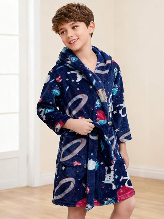 SANGTREE Boys Girls Robe Fleece Hooded Soft Toddler Bathrobe Cute Boys Bathrobe Fuzzy Plush Robes for Kids, 2-12 Years