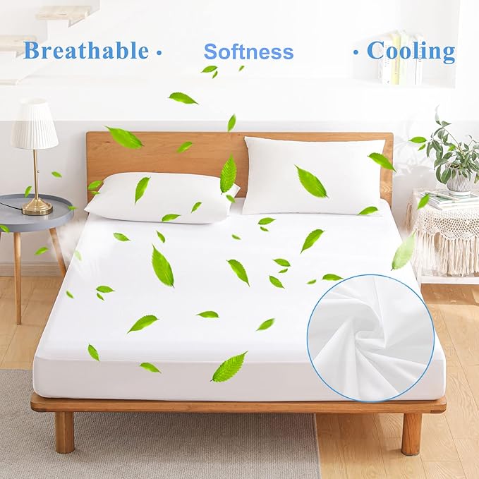 Twin Waterproof Mattress Protector - Noiseless, Breathable, Machine Washable Fitted Mattress Cover with Deep Pockets up to 5”-21”（White）