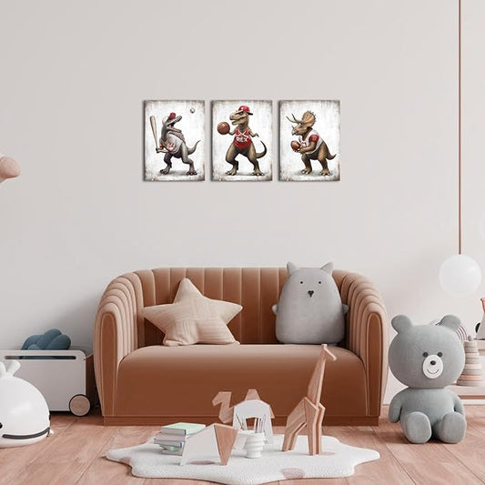 Derkymo Dinosaur Canvas Wall Art Sports Gift Idea for Nursery and Kids Room Modern Gallery Wrapped Wall Art Prints Teen Room Decor Stretched and Framed Ready to Hang 12"x16"x3 Pieces