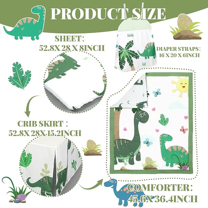 Oudain 4 Piece Dinosaurs Crib Bedding Set Including Green Blue Dinosaurs Crib Skirt, Blanket, Sheet and Diaper Stacker, Soft Nursery Standard Size Baby Bedding for Baby Girls and Boys