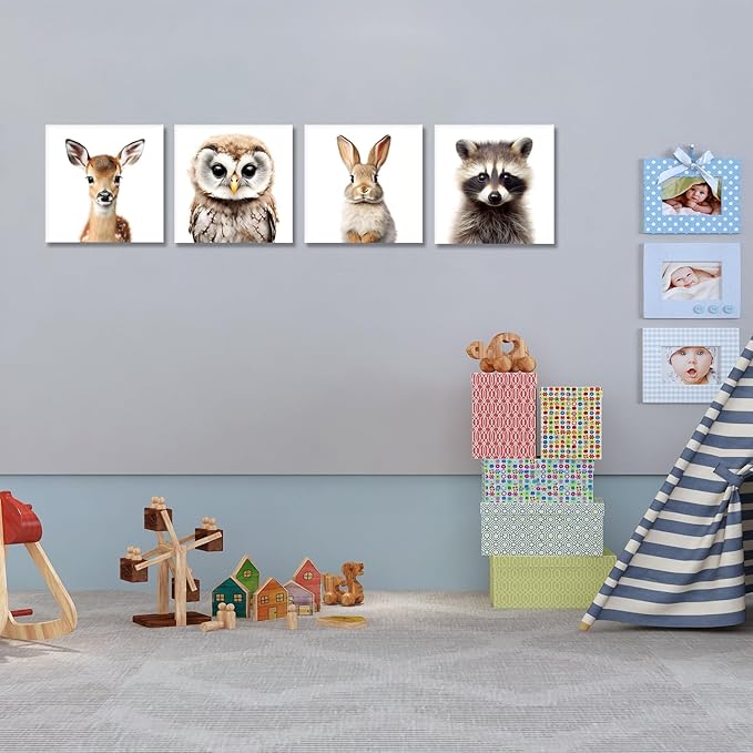 GLOKAKA Nursery Decor Animals Print Painting Kids Canvas Wall Art Baby Room Funny Decor Poster Kids Bedroom and Playroom Decoration,Gallery Wrapped,4 Panels