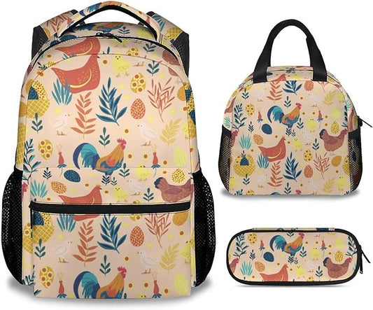 COOPASIA Chicken Backpack with Lunch Box and Pencil Case, 16 Inch Chicken Theme Bookbag with Adjustable Straps, Durable, Lightweight, Large Capacity, School Backpack for Girls Women