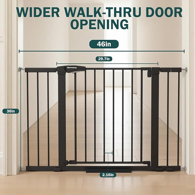 Mumeasy 36" Extra Tall Dog Gate, Auto Close Baby Gate for Stairs Doorways, 29.7-46" Wide Walk Thru Child Safety Gate for House, Easy Install Pressure Mounted Metal Pet Gate with Door, Black