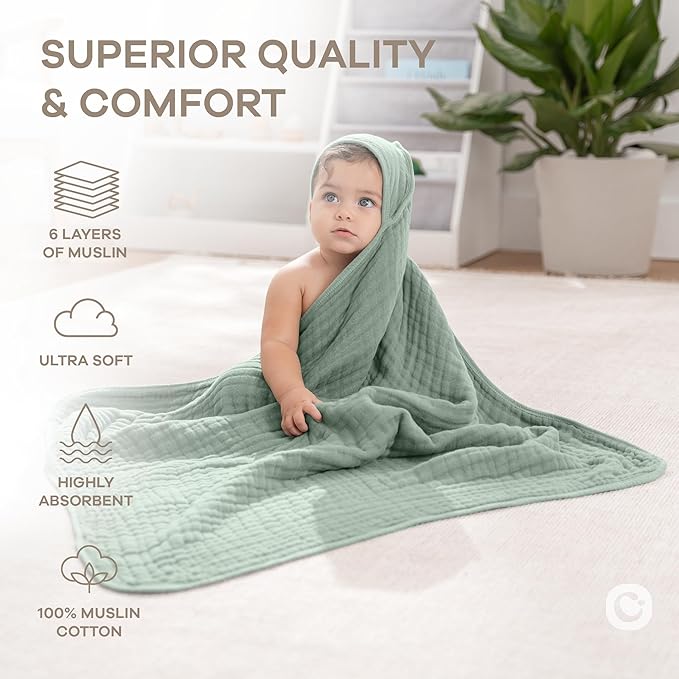 Comfy Cubs Hooded Baby Towel 2-Pack, Large 32 x 32 Inch - 6 Layer 100% Muslin Cotton for Babies, Toddlers and Kids - Soft & Absorbent Baby Bath Towels - Unisex Design for Bath Time - Fern