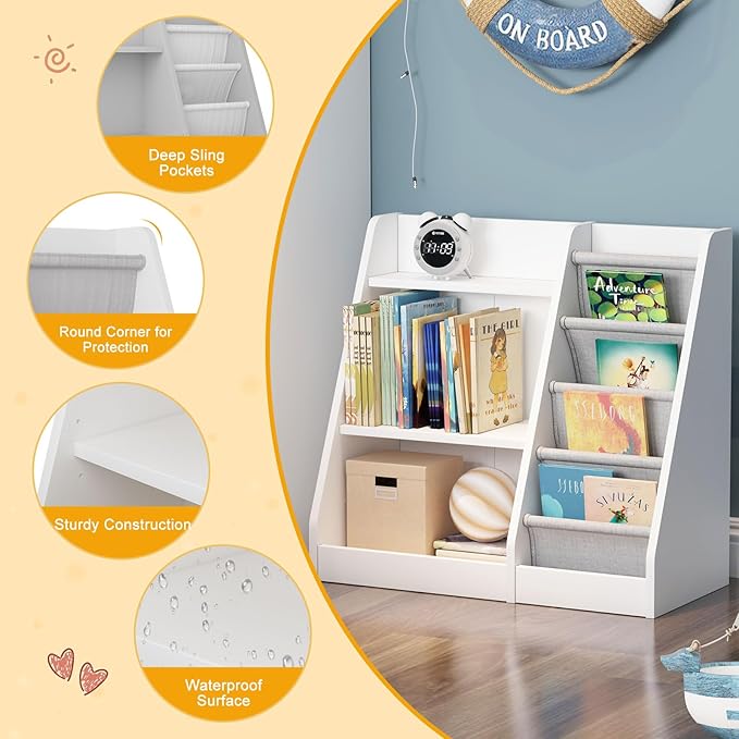 HedoAjim White Kids Bookshelf Wood Toy Storage Organizer Cabinet Children Bookcase Toddler Baby Sling Book Rack Adjustable Shelf for Playroom Bedroom Nursery Hallway School Kindergarten