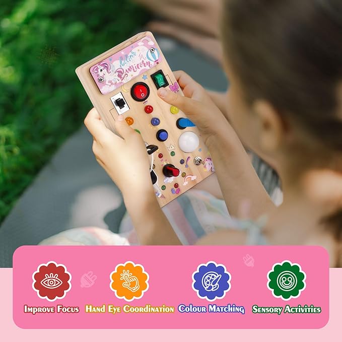 Hoarosall Unicorn Wooden Busy Board Sensory Toys with 8 LED Light switches,Christmas Travel Toys Montessori Toys for 1 Year Old Babies Toodler
