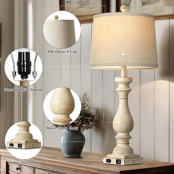 luxeflow 29" Tall Vintage Table Lamps Set of 2,Farmhouse Bedside Lamps with USB C+A Ports & AC Outlet,3-Way Dimmable Touch Lamp for Night Stands Living Room Bedroom,Beige