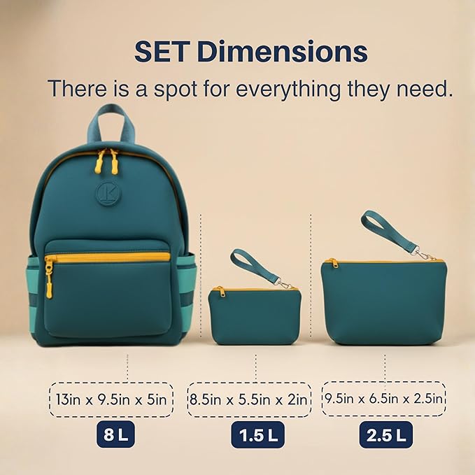 Kaywee 3pc Neoprene Kids Backpack SET 13inch | 2 zipper pouch & AirTag holder for kids | Preschool backpack for school | BLUE Toddler backpack boy and girl Ages 3-8