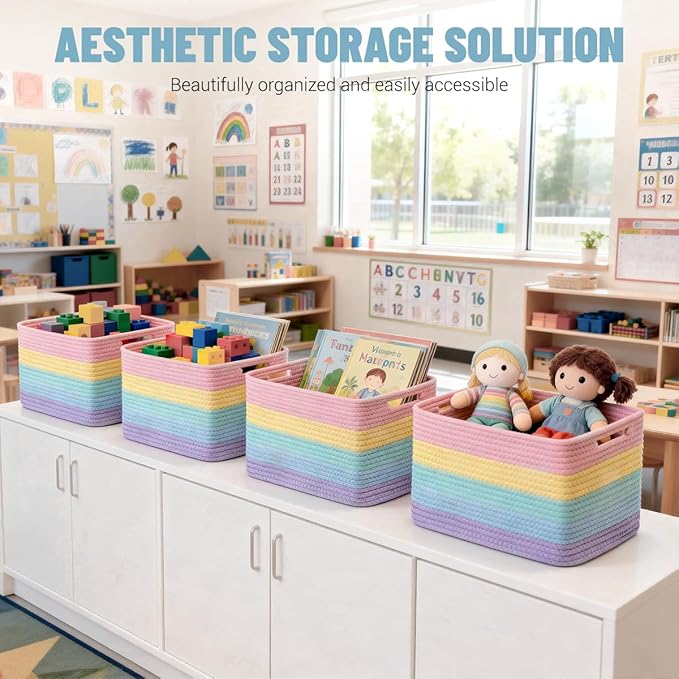 Yilobi 5 Pack Rainbow Woven Storage Baskets for Shelves, Decorative Toy Baskets Organizer for Kids Room, Nursery, Playroom, Classroom – Colorful Cotton Rope Toy Storage Bins for Organizing & Decor