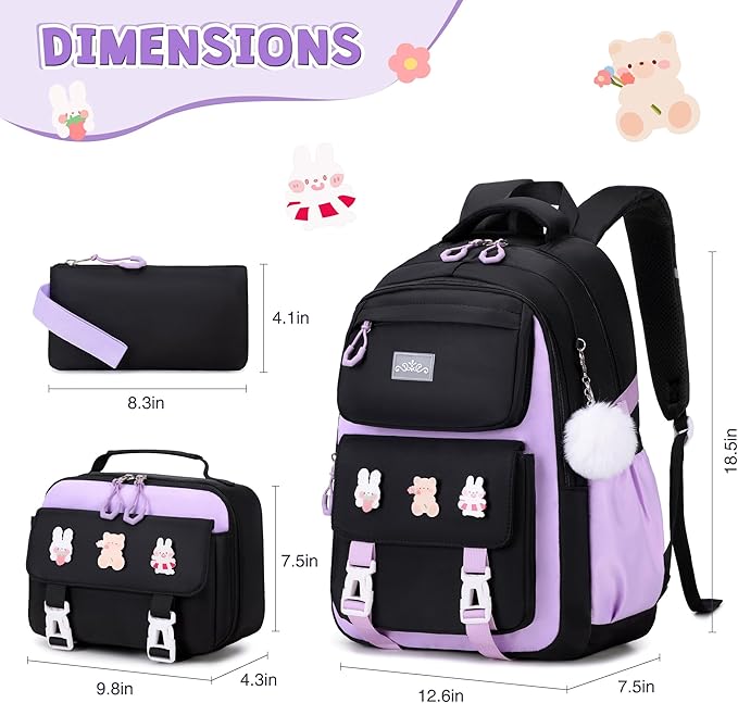 DIGOBAY 3PCS Girls Backpack for School, Kids Backpack for Girls with Lunch Box Pencil Case Set for Teen Girl Elementary Primary Middle High College School Bookbag with Cute Pins (Black-Purple)