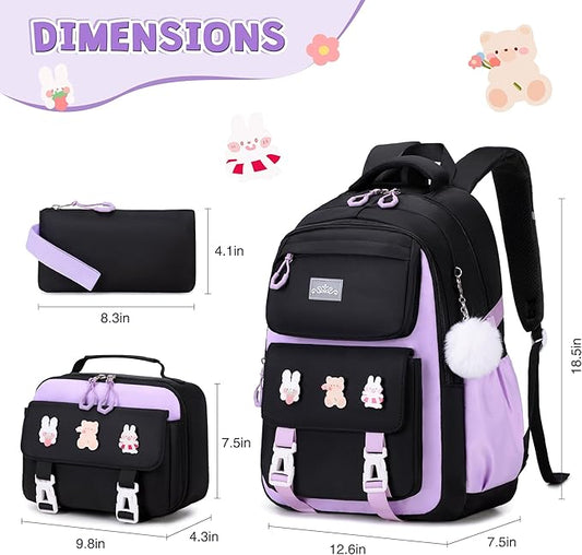 DIGOBAY 3PCS Girls Backpack for School, Kids Backpack for Girls with Lunch Box Pencil Case Set for Teen Girl Elementary Primary Middle High College School Bookbag with Cute Pins (Black-Purple)
