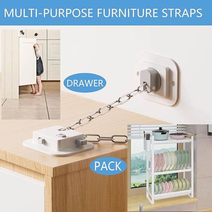YEYA Upgraded Anti-Tip No Drill Furniture Anchor with Strong 3M Adhesive Backing 10" Adjustable Steel Cable Straps, Baby Proofing Wall Anchors for Child Safety, Playroom Essentials 4P