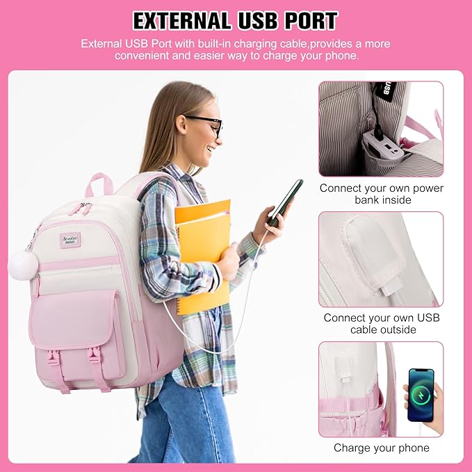 Bevalsa Backpack for Girls, School Backpacks for Girls, Kids Backpack with Lunch Box & Pencil Pouch for Teens Girl Kids Elementary Middle High School College Student Bookbag Daypack (Pink Beige)